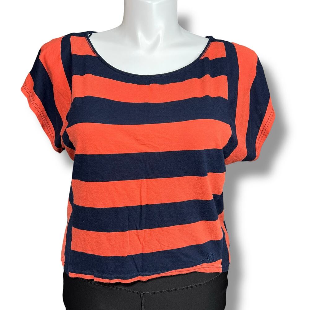Aeropostale Womens Striped T Shirt Top Short Sleeve Orange Navy Blue Large